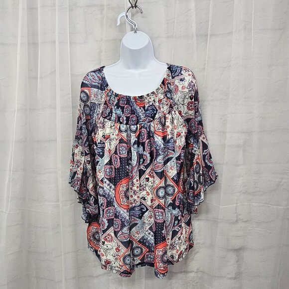 Est. 1946 Blue Red Paisley Patchwork Peasant Blouse Mesh Sheer Boho L - Picture 1 of 11